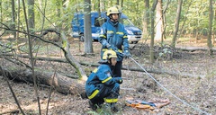 WZ: Ein Baum muss weggeschafft werden: Im Karbener Wald bereiten sich die Helfer auf den Ernstfall vor.